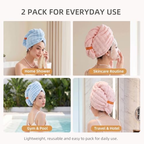 Two Hair Drying Towels, one Sky Blue and the Other Rose Pink.