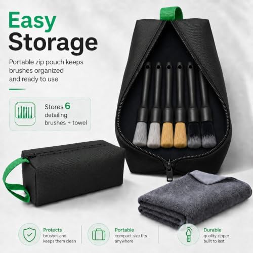 Car Detailing Brush Set - Ultra Soft Boars Hair Car Interior Detailing Brushes【Not Easy to Shed Bristles 】- Automotive Cleaning Brushes Kit w/Storage Bag & Car Drying Towel, Car Dust Brush - 8 Pcs