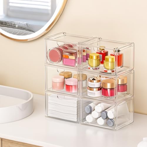 6-Pack Acrylic Stackable Storage Drawers for Vanity, Desk, Bath