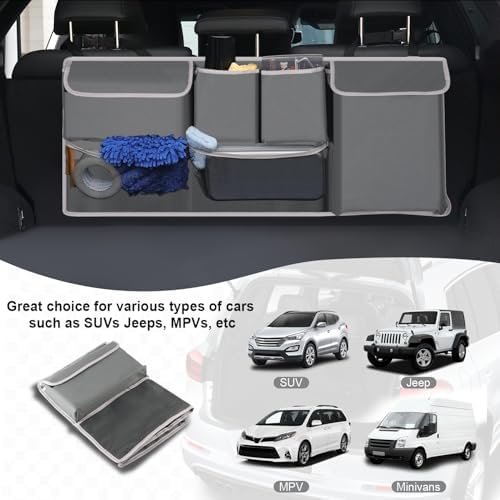 Trunk Hanging Organizer, Backseat Storage Bag, Collapsible Car Interior Accessories with 4 Pockets & 2 Mesh Pouches for Tools, Provide More Storage Trunk Space for SUV, Jeep, MPVs (Grey)