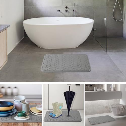 Stone Bath Mat, Diatomaceous Earth Shower Mat, Non-Slip Super Absorbent Quick Drying Bathroom Floor Mat, 2 Pack, Grey