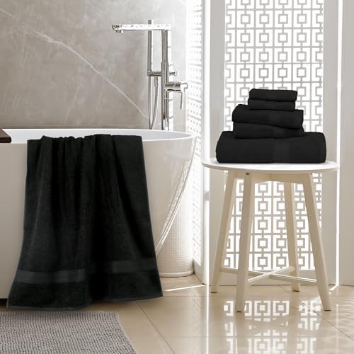 6-Piece Highly Absorbent Fade-Resistant Towel Set, 100% Cotton Towels for Bathroom, Soft, 2 Bath Towels, 2 Hand Towels, 2 Washcloths, Black