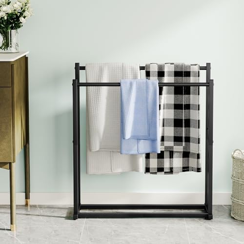 Towel Racks for Bathroom, 2 Tiers Wider Towel Drying Rack Outdoor, Free Standing Towel Rack, Pool Towel Blanket Stand and Display Rack for Oversized Bath Towels, Black