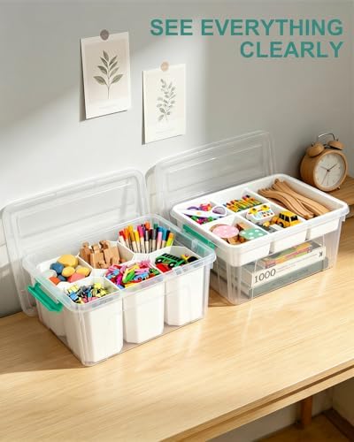 Clear Stackable Storage Organizer Box with Dividers, Multi-Functional Container for Building Blocks, Toys, Crafts and Tools