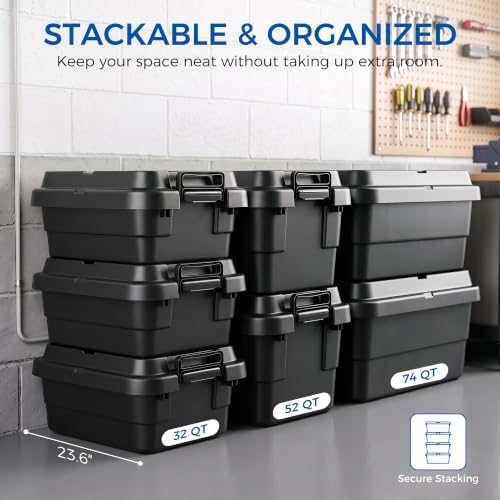 52 QT Storage Bins with Lids, Heavy Duty, Black, Stackable, 4-Pack