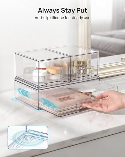 Clear Stackable Storage Drawers Set of 4, Plastic Organizer Bins