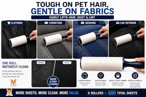 Extra Sticky Lint Roller for Pet Hair, 6 Pack 600 Sheets