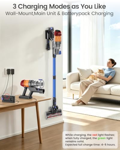 Cordless Vacuum Cleaner, Vacuum Cleaners for Home 500W 40KPa 120Mins with 2 Batteries, Anti-Tangle Rechargeable Lightweight Stick Vacuum with Green Light for Pet Hair/Carpet/Hardwood Floor Blue