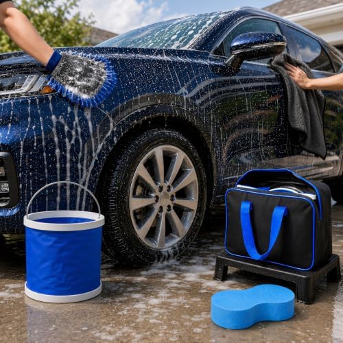 12 PCS Car Wash Kit, Car Cleaning Kit with 5.5 Gal Collapsible Bucket, 500 GSM XXL Drying Towel, Soft Felt Brushes and Storage Bag, Car Detailing Kit for Interior and Exterior Cleaning