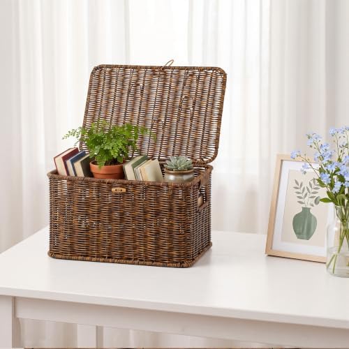Wicker Storage Basket With lid, Stackable Plastic Bin (Brown, S+M+L)