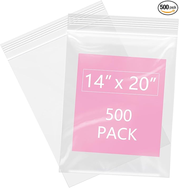 iMailer - 500 Pcs- 14" x 20" Large Zip Bags for Storage - Reclosable Plastic Zip Poly Bags for Clothing, T-Shirts, Pants