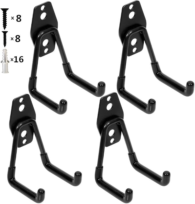 Garage Storage Utility Double Hooks, Heavy Duty Wall Mount Organizer Tool Hanger With Anti-Slip Coating (4 Pack Black 3"