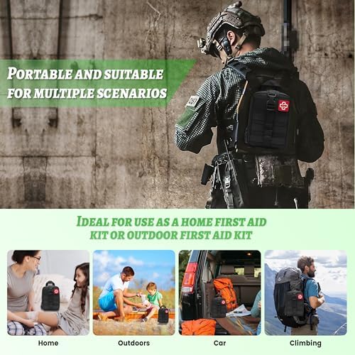 IFAK Trauma Kit with Buckle Tourniquet, Israeli Bandage, Hemostatic Gauze, Vented Chest Seal, ABD Pad, Splint, Wound Closure Strips, MOLLE for Camping, Hiking, Hunting, Range, Black