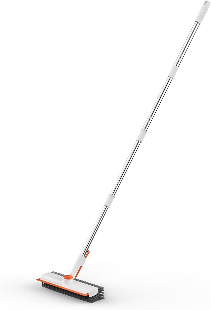 AIR U+ Floor Scrub Brush with Long Handle, 3 in 1 Scrape and Heavy-Duty Stiff Bristle Scrubber Brush for Cleaning Shower Bathroom, Patio, Pool, Garage, Kitchen, Wall and Deck, White and Orange