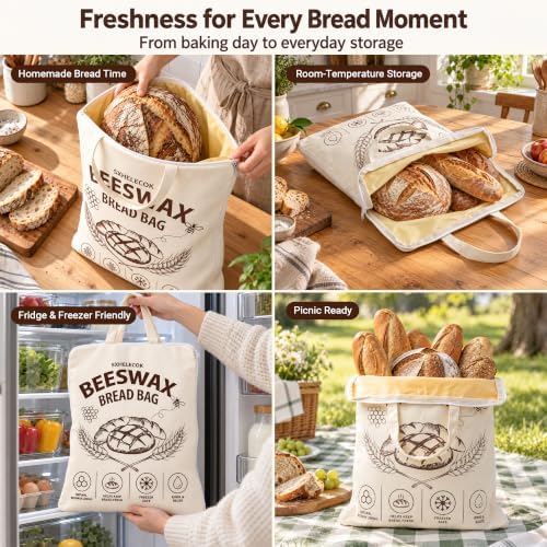 2 Pack Beeswax Bread Bag, Reusable Sourdough Storage, Zipper