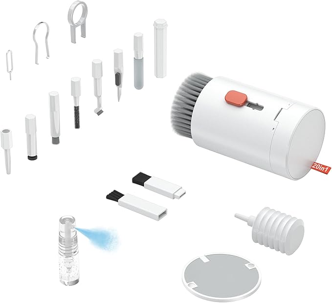 Tounee Keyboard Cleaner Kit, Electronics Cleaning Kit with Retractable Big Brush, Portable, 20 in 1 Multi-Tool Kit for Phones, Tablet, Computer, PC Monitor,TV Camera Lens with 2.5ml Mist Spray (White)