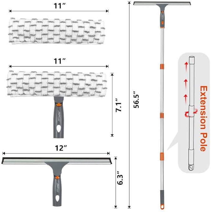 Squeegee for Window Cleaning,12" Squeegee and 11" Microfiber Scrubber Combi with Stainless Steel Pole,Extendable Window Cleaner for Car,Sliding Door,Shower Glass Door-Swivel Style-2 Pads