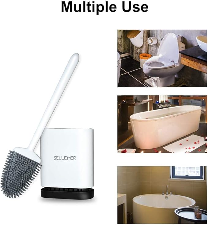 Sellemer Toilet Brush and Holder Set for Bathroom, Flexible Toilet Bowl Brush Head with Silicone Bristles, Compact Size for Storage and Organization, Ventilation Slots Base (2 Pack, Pearl White)