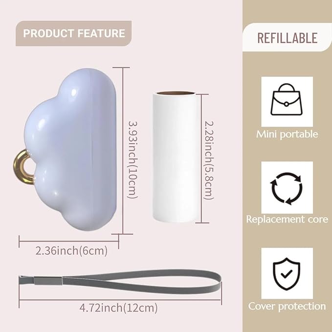 Portable Lint Roller 150 Sheets Travel Size, Mini Lint Roller for Clothes and Reusable Pet Hair Remover, Cute Small Sticky Dust Remover Refillable