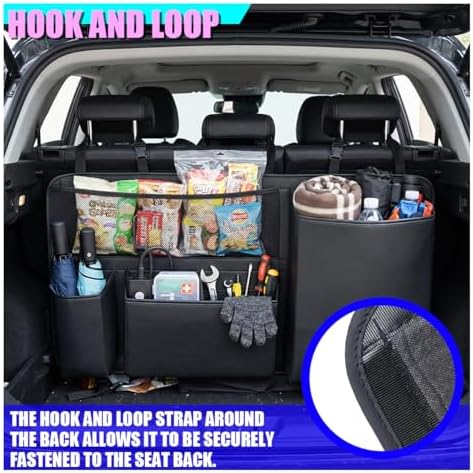 Leather Car Trunk Organizer, 35'' × 17'' Auto Backseat Hanging Storage Bag with 1 Mesh Pocket & 3 Pockets, Foldable Vehicle Travel Organizer Accessories for Sedan, SUV, Truck, MPV (Black)