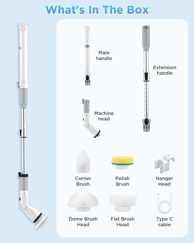 Electric Spin Scrubber, Cordless Power Brush Floor Scrubber with Adjustable Extension Arm and 4 Replaceable Bathroom Cleaning Brush Heads, Ideal for Tub, Tile, and Floor Cleaning
