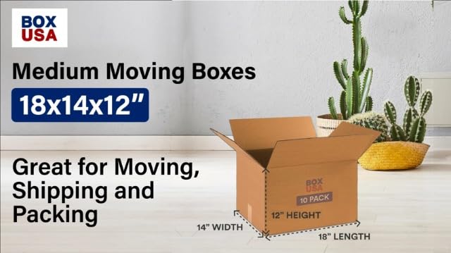 Moving Boxes Holds 65lbs, 18"L x 14"W x 12"H (10-Pack) Medium - Corrugated Cardboard Box for Shipping, Mailing, Packing, Packaging and Storage