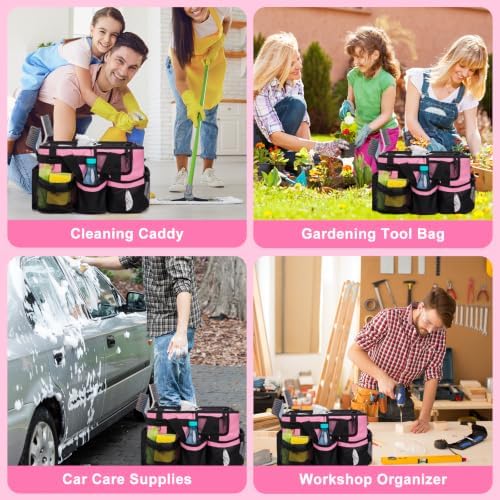 Large Wearable Cleaning Caddy Bag, Pink Tool Bag with Adjustable Shoulder Straps & Divider, 14 inch Cleaning Supplies Organizer for Housekeepers & Cleaners