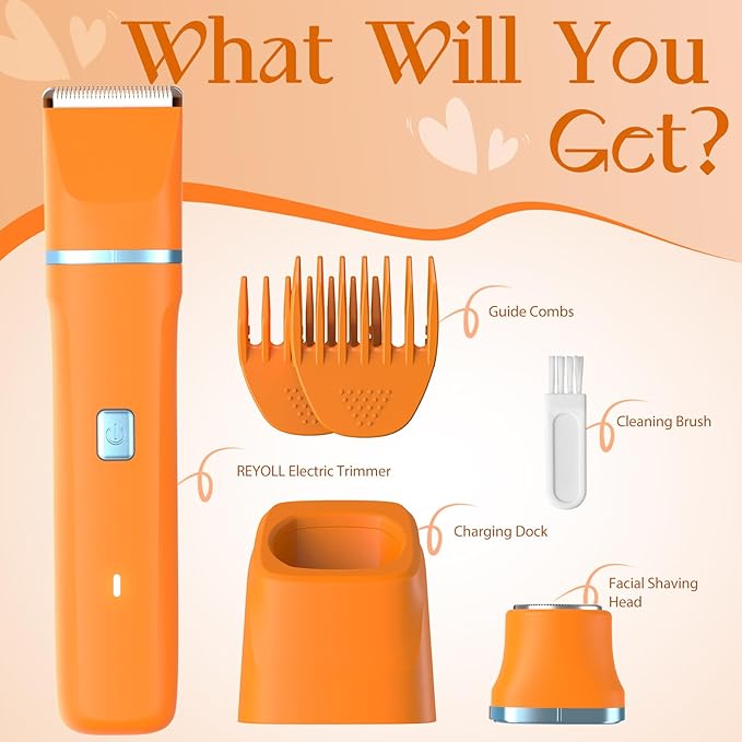 Electric Razor for Women Men - Wet Dry Shave, Waterproof Bikini Trimmer, Pubic Hair Removal Shaver with Hypoallergenic Ceramic Blades, Facial & Body Groomer, USB Recharge, Birthday Gifts - Orange