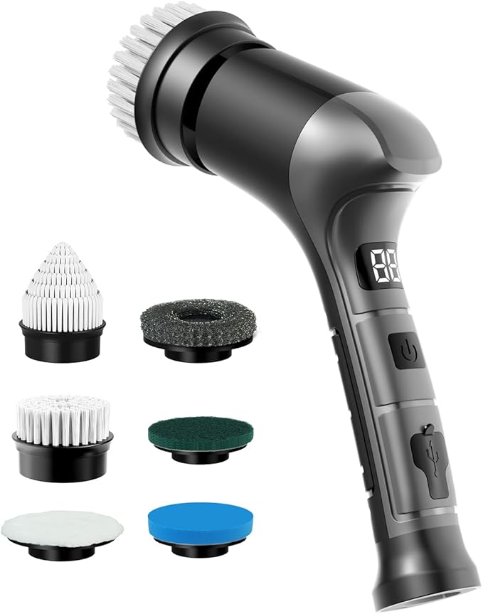 Electric Spin Scrubber, Cordless Power Dish Scrubber Brush, Type-C Fast Charging with LED Power Display, 3 Speeds, 6 Replaceable Heads for Cleaning Kitchen Stove/Bowl/Sink/Corner/Tile/Grout (Grey)