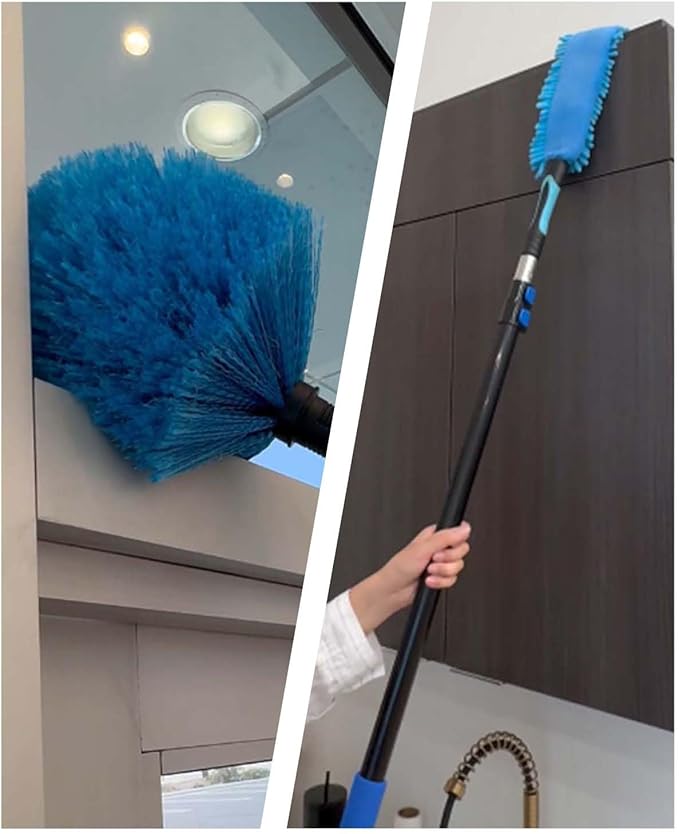 25 Foot Painted Wall Cleaner Mop with 18 Ft Heavy Duty Extension Pole, 3-in-1 High Ceiling Cleaning Tool with 4 Microfiber Chenille Pad, Cobweb Duster, Fan, Baseboard, Window Squeegee Kit (18ft)