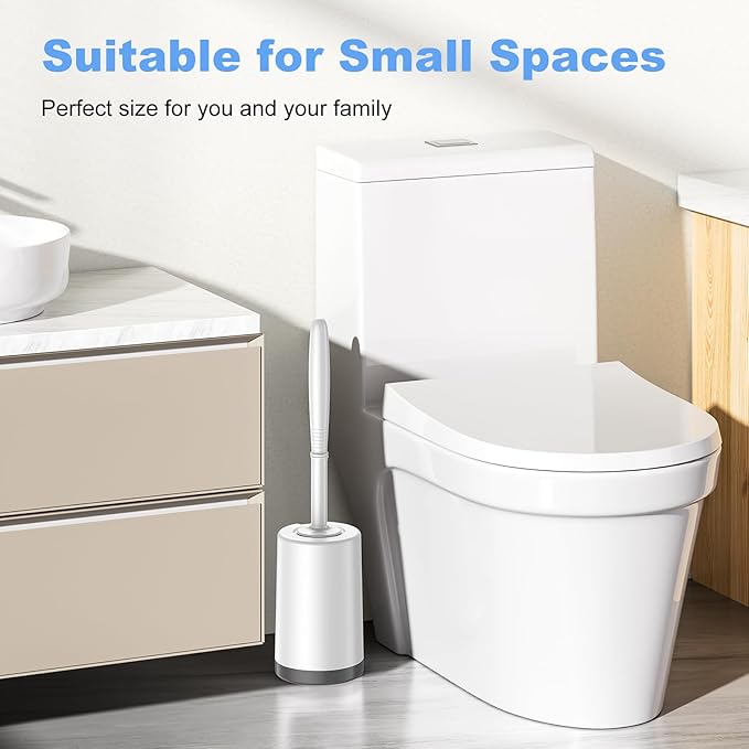HAMITOR Toilet Bowl Brush Holder Set: Curved Design with Holder for Deep Cleaning Under Rim - Compact Hidden Scrubber for Small Space - Modern RV Bathroom Accessories - White 1 Pack