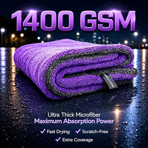 Car Drying Towel 24βx36β, 1400 GSM Twisted Loop Microfiber, Ultra Absorbent, Streak-Free, Lint-Free, Scratch-Free for Car, Truck & SUV, Quick Drying in Fewer Passes (Purple)