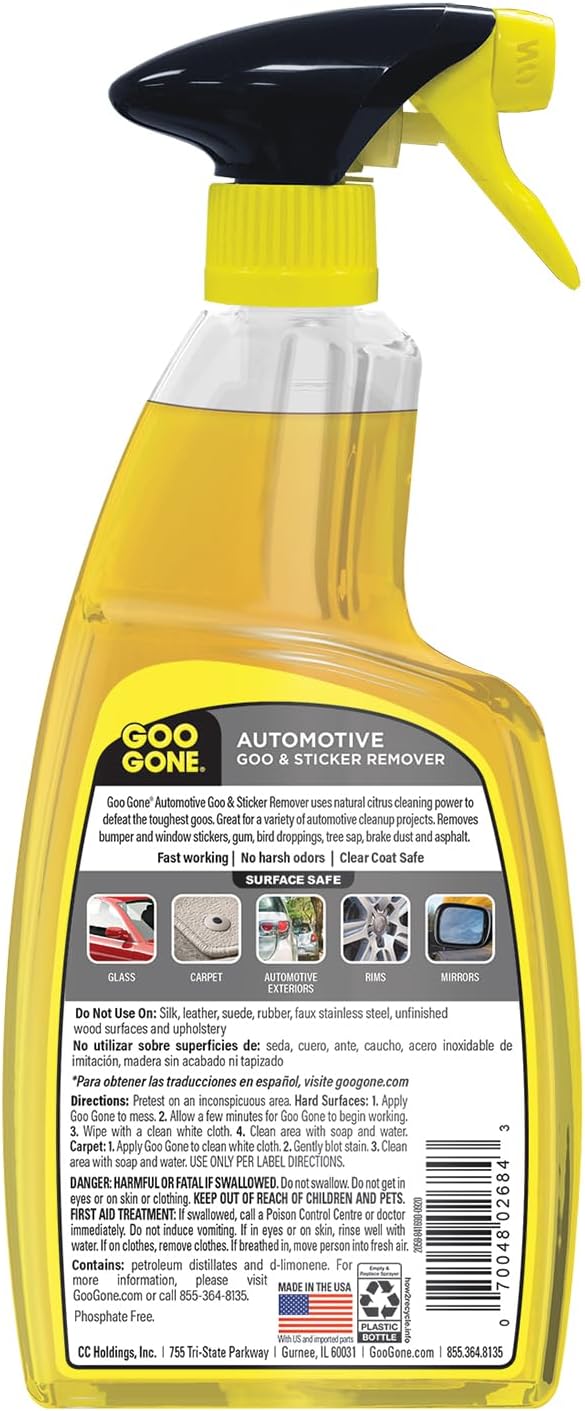 Goo Gone Automotive Adhesive Remover, Goo & Grime Cleaner for Bumper Stickers, Decals, Tree Sap, Brake Dust, Bird Droppings, Gum, Spray Paint, Asphalt, 24 oz with MicroFiber Buffing Towel