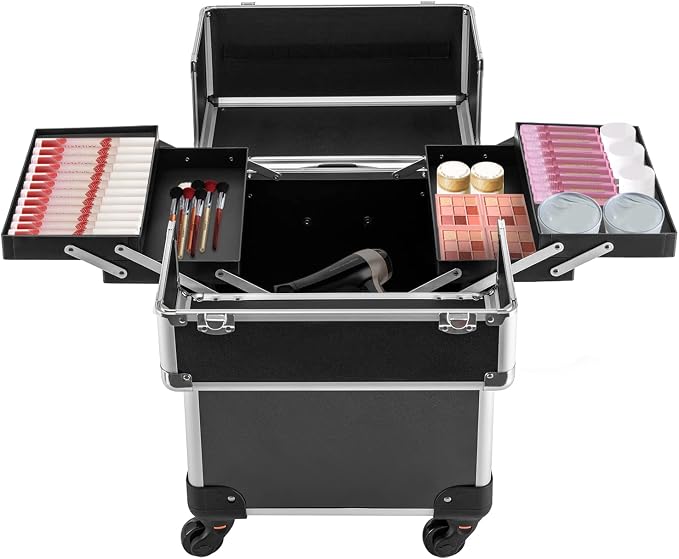 Multifunctional Rolling Makeup Train Case, Large Capacity Travel Trolley Case with Lock, Mobile Tool Organizer Storage C