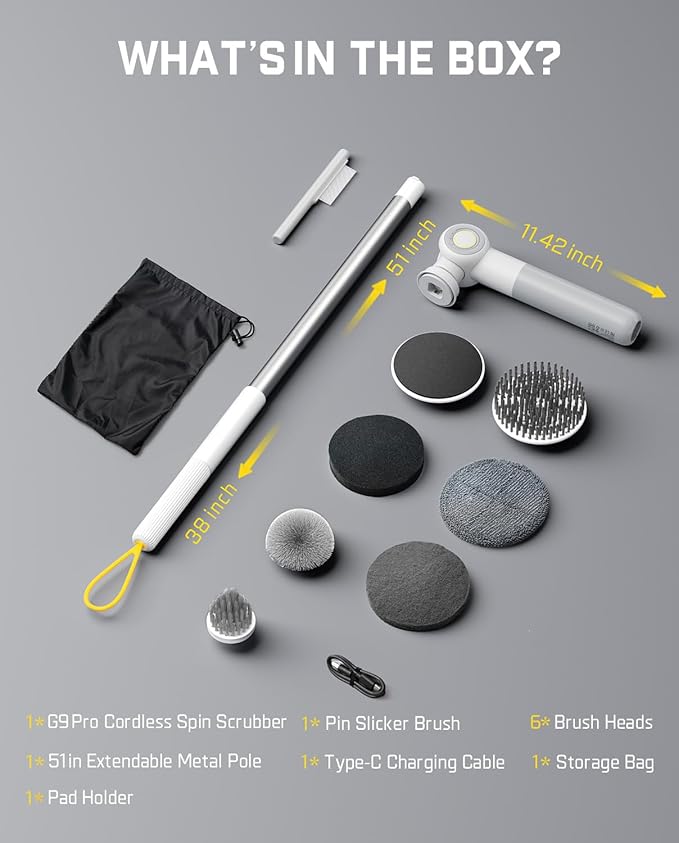 Fanttik Flip G9 Pro Electric Scrubber, VoltiPulse Motor, Dual-Speed Cleaner with 6 Brush Heads, Adjustable Angle & Extendable Handle, IPX7 Waterproof, Type-C Charge for Bathroom, Tile, Grout - White