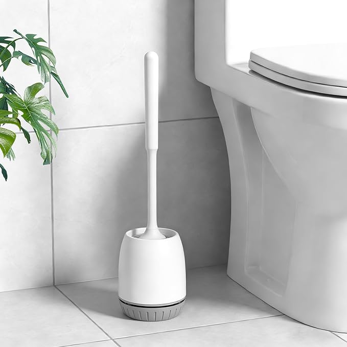 Toilet Brush, 2 Pack Toilet Bowl Brush and Holder Set Ergonomic Long Handle Toilet Scrubber with Ventilated Base for Quick Drying, for Bathroom Cleaning, White & Gray