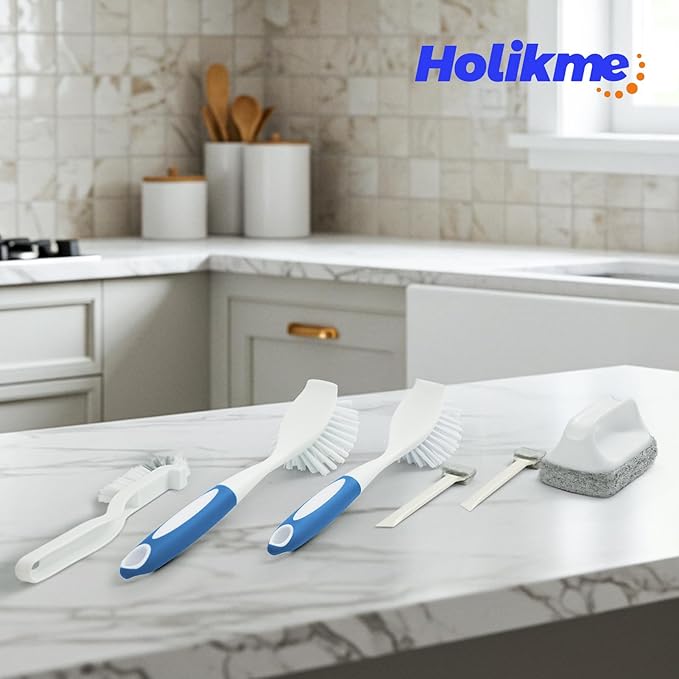 Holikme Cleaning Brush Set, Scouring Pad for Cleaning, Groove Gap Brushes for Pot, Pan, Kitchen Sink, Wire Brushes (Azul)