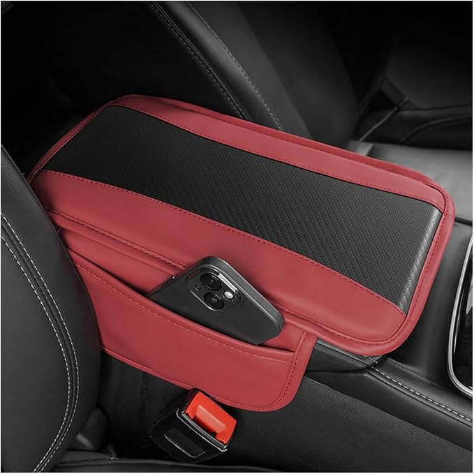Mandark Carbon Fiber Leather Console Cover with 2 Storage Bags, Red