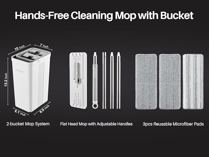 JOYMOOP Mop and Bucket Set for Home and Commercial Use, Flat Mop System with 3 Reusable Microfiber Pads, Floor and Wall Cleaner