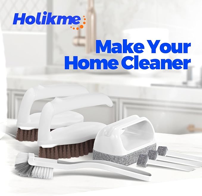 Holikme 7 Pack Deep Cleaning Brush Set, Scrub Brush, Grout Brush, Pool Brush, Scrub Pads with Scraper Tip Scouring Pads, for Pool Walls, Bathroom, Floor, Bike, Tub, Shower and Kitchen Surface (Brown)