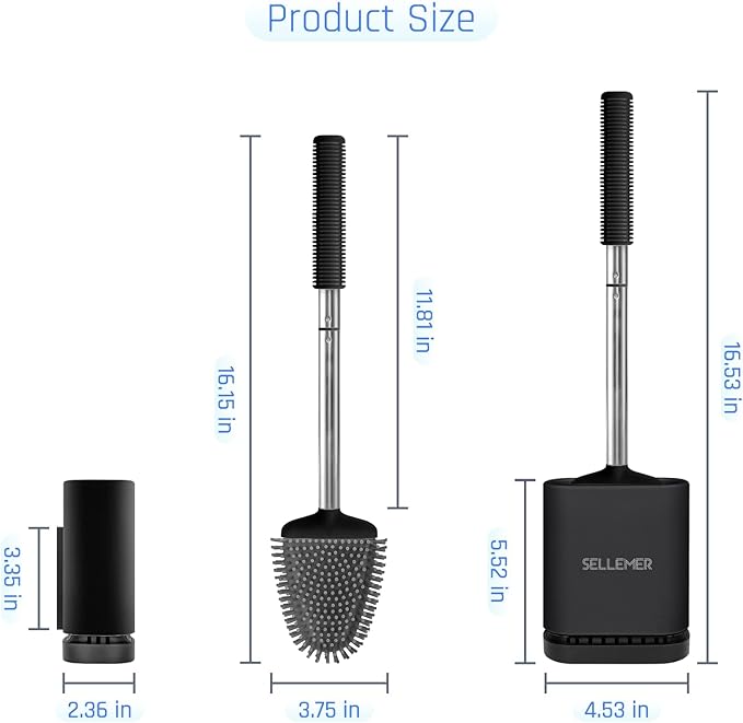 Sellemer Toilet Brush and Holder Set - Flexible Toilet Bowl Brush Head with Silicone Bristles, Compact Size for Storage and Organization, Ventilation Slots Base (2 Pack, Black)