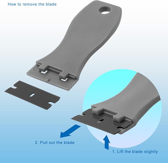 FOSHIO 2PCS Plastic Razor Blade Scraper Tool and 100PCS Plastic Blades for Gasket Remover, Sticker Remover, Labels Decal and Adhesive Remover for Windows and Glass (Grey)