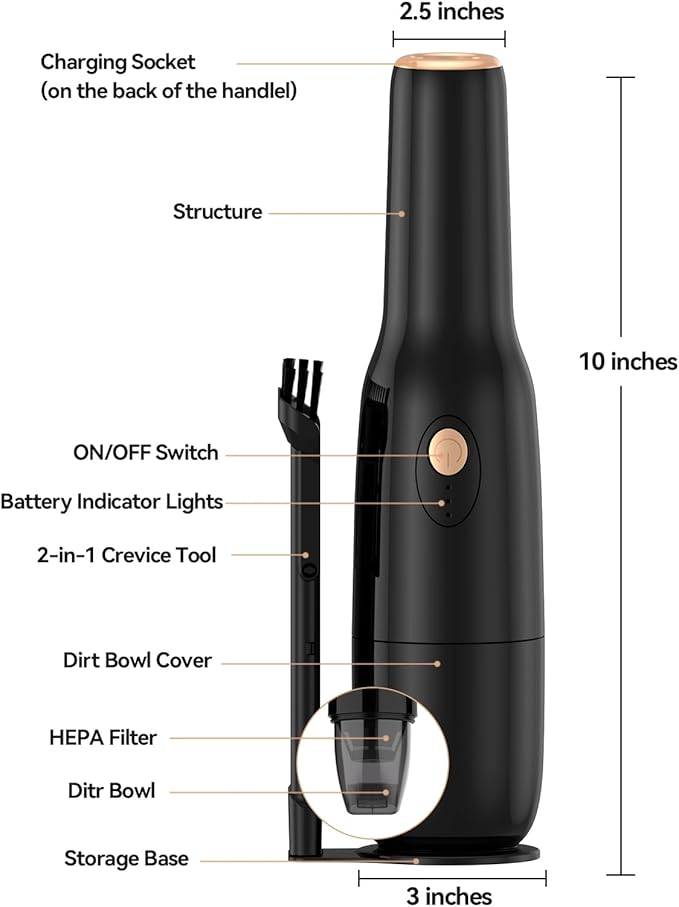 Handheld Vacuum Cordless -Car Vacuum Portable Rechargeble -Hand Held Small Vacuum Cleaner Car Seats, Home, Quick Clean up, Strong Suction, Lightweight, Includes Crevice Nozzle & Brush-H3