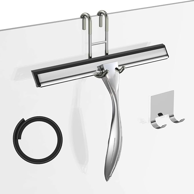 Shower Squeegee Set, 10-Inch Stainless Steel Squeegee for Bathroom, Shower Doors, Mirrors, Tiles, and Car Windows - 100%