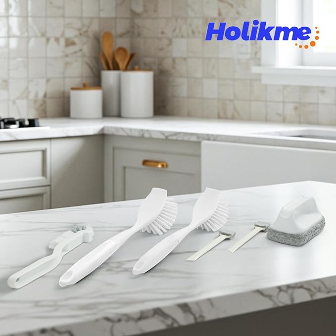 Holikme Cleaning Brush Set, Scouring Pad for Cleaning, Groove Gap Brushes for Pot, Pan, Kitchen Sink, Wire Brushes (White)