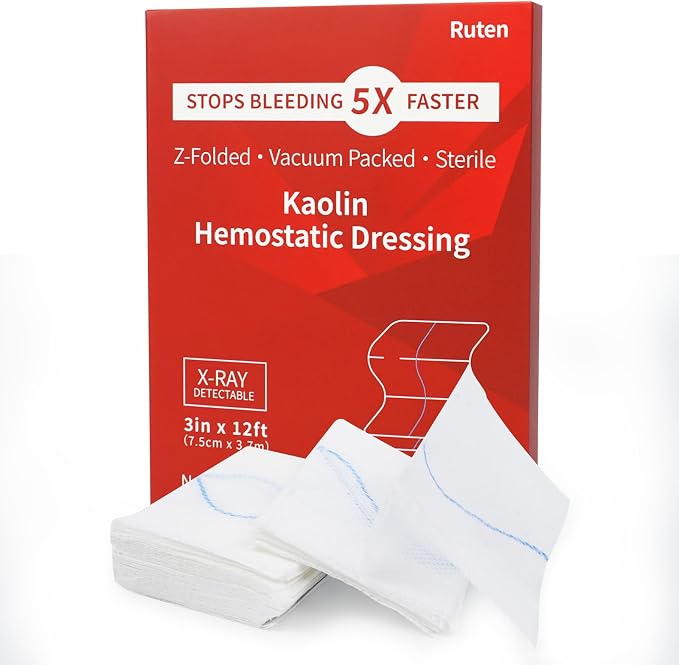 Ruten Kaolin Hemostatic Gauze – Advanced Z-Folded Clotting Dressing for Rapid Blood Stop, Combat Gauze Bandage with X-Ra