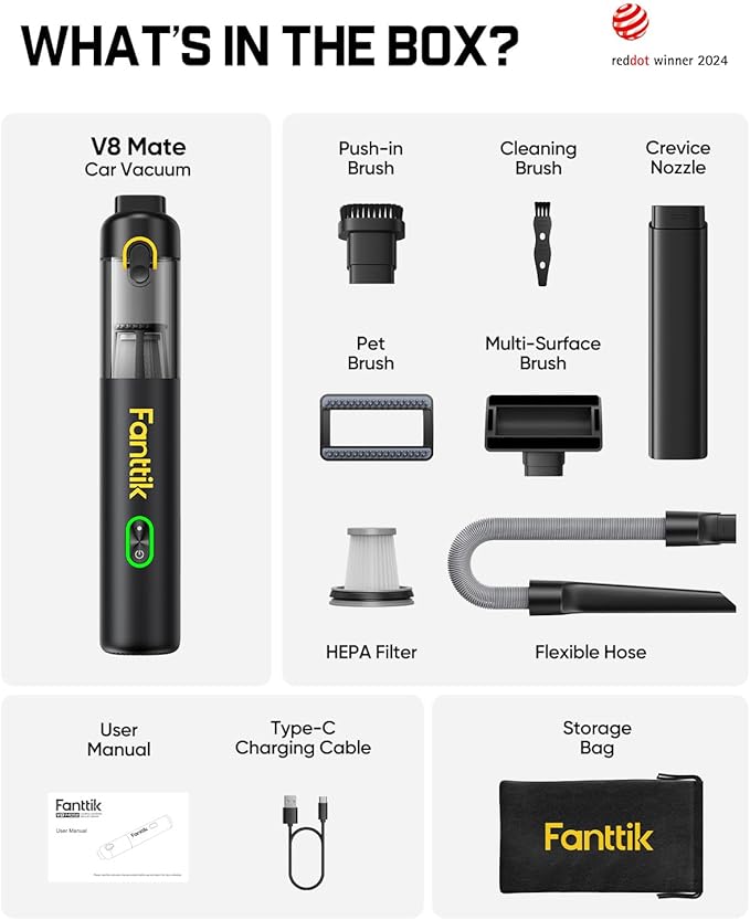 Fanttik V8 Mate Upgraded Cordless Car Vacuum, Portable Mini Vacuum with 13000pa Suction Power, 2 Suction Modes, Type-C Charge, Handheld Vacuum for Car, Small Tasks, Keyboards, Office Desk (Black)