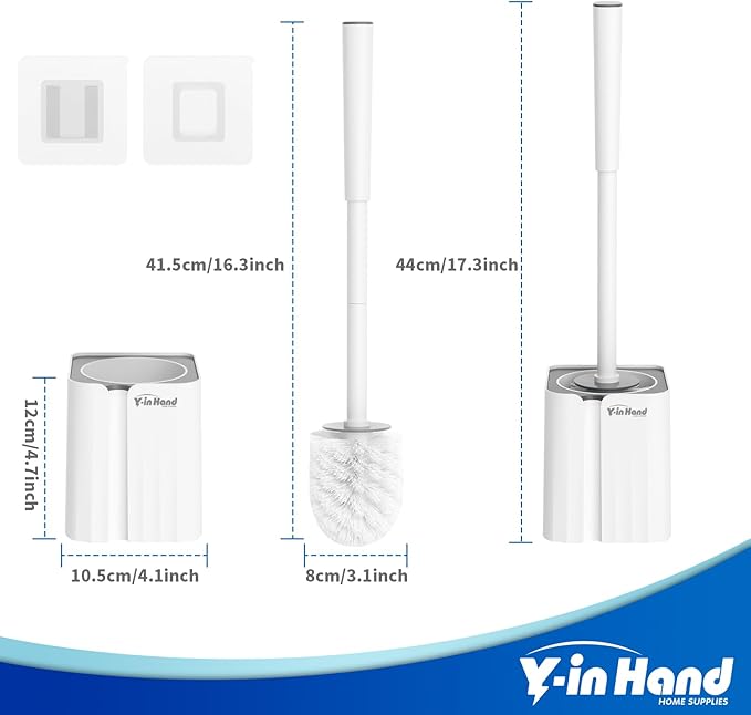 Y-in Hand Toilet Brush and Holder Set, 2 Pack Toilet Scrubber, Compact Size for Storage and Organization, Bathroom Accessorie, Easy to Assemble, Classic PP Bristle, Wall Mountable. - White
