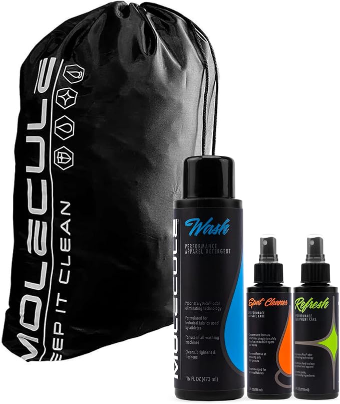 Molecule Clean Kit | Performance Apparel Care | 16 Ounce Wash, 4 Ounce Refresh, 4 Ounce Spot Cleaner, and Laundry Bag |