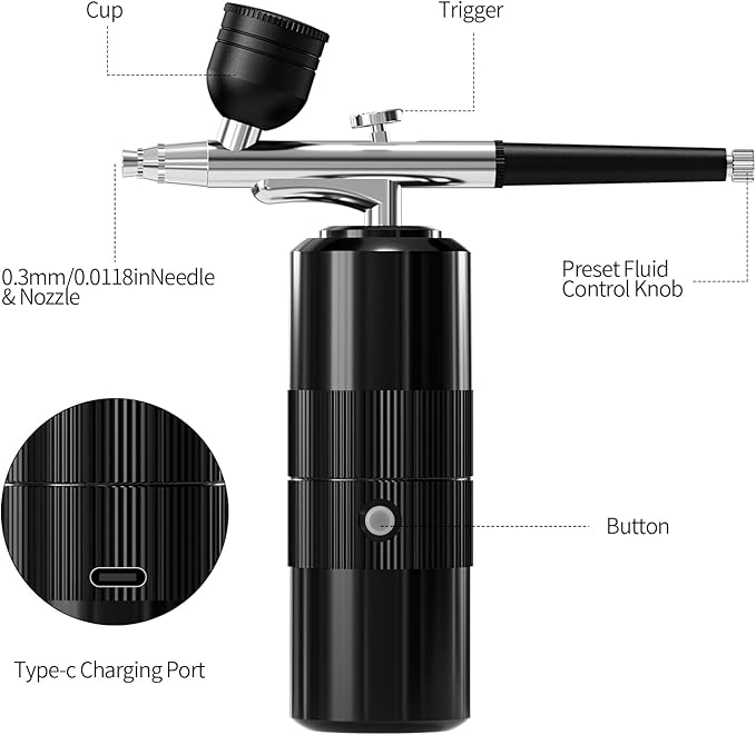 Airbrush Kit with Compressor Portable Airbrush Kit 48PSI High-Pressure Non-Clogging Air Brush Set Cordless Rechargeable with 0.3mm Nozzle and Cleaning Brush for Painting,Nail Art, Makeup (black)